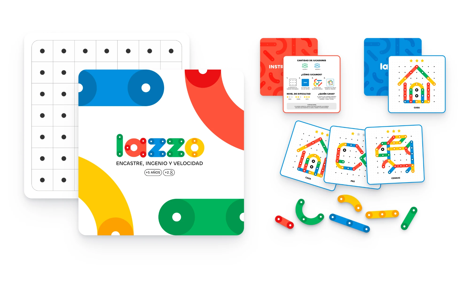 Caja de LAZZO, cartas y piezas de acrílico